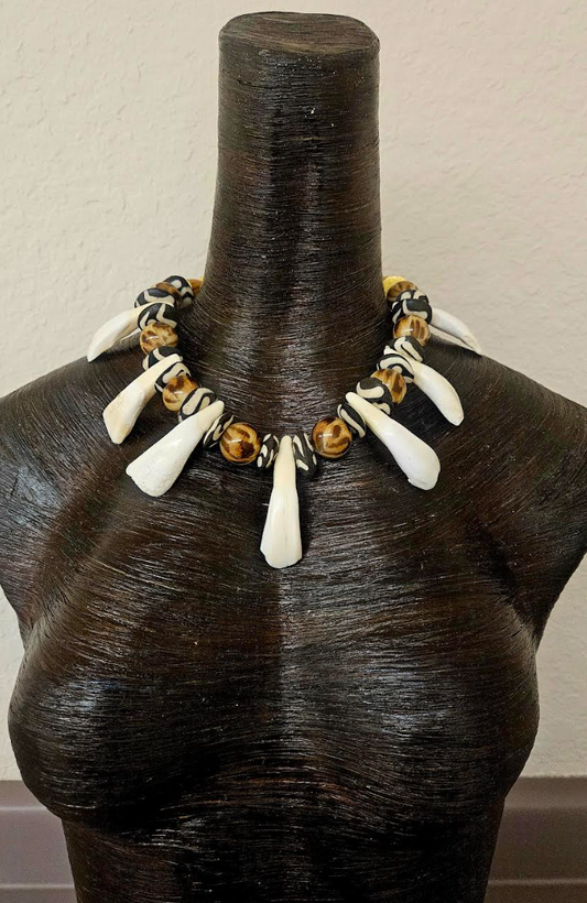 Buffalo Incisor Teeth Zebu Bone & Leopard Earthy Tribal Unisex Necklace