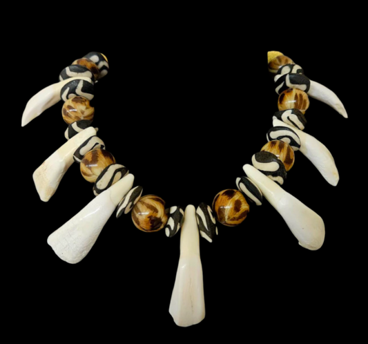 Buffalo Incisor Teeth Zebu Bone & Leopard Earthy Tribal Unisex Necklace
