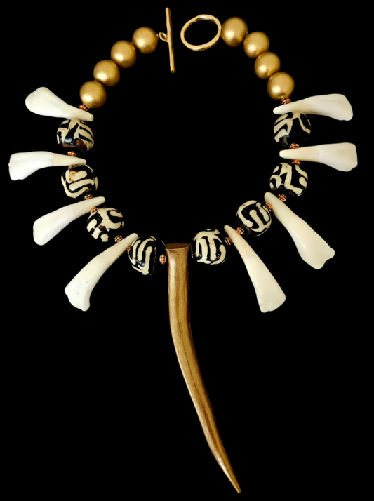 Antler Bone Teeth & Wood Exotic Ethnic Unisex Chest Piece - Warrior