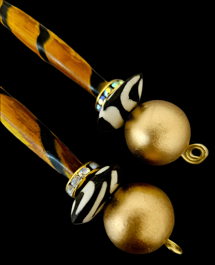 Earth Tone Haute Couture Long Tribal Wood Tube Pierced Earrings - Rich Posh