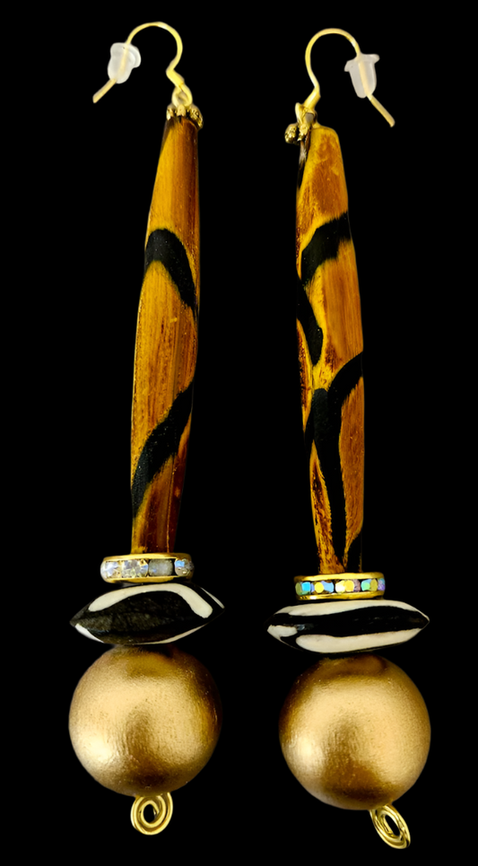 Earth Tone Haute Couture Long Tribal Wood Tube Pierced Earrings - Rich Posh