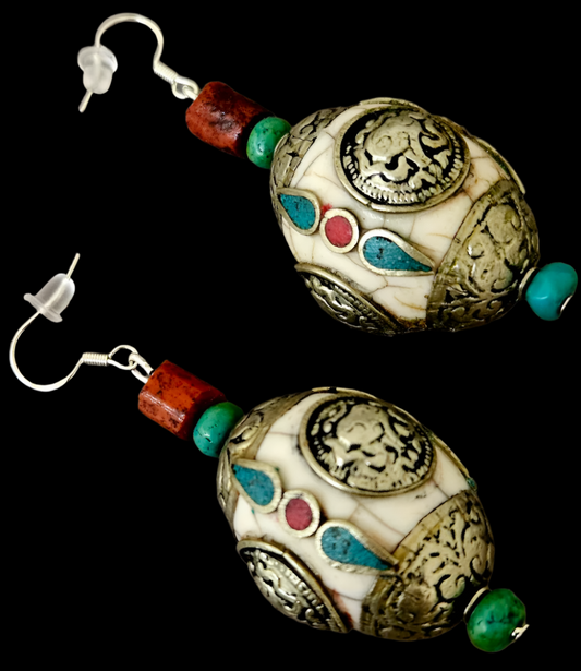 Bold & Chunky Tibetan Dragon Motif Dangle Pierced Earrings - OOAK