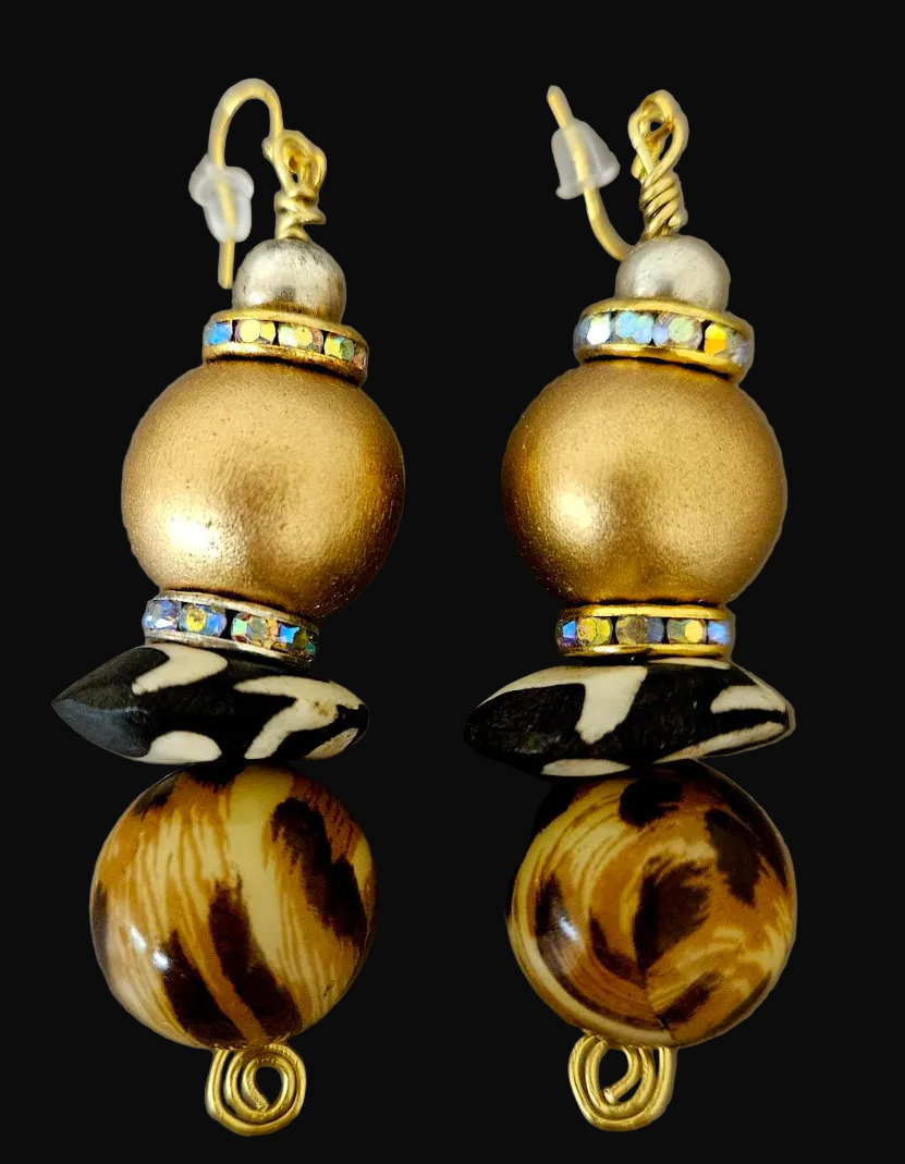 Gold Metallic & Animal Print Beaded Pierced Earrings - Cougar