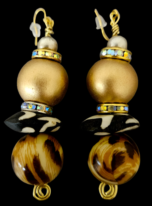 Gold Metallic & Animal Print Beaded Pierced Earrings - Cougar