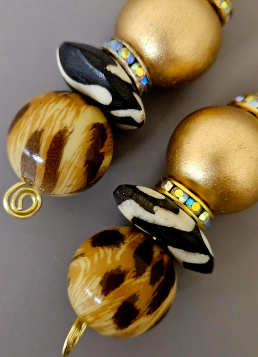 Gold Metallic & Animal Print Beaded Pierced Earrings - Cougar