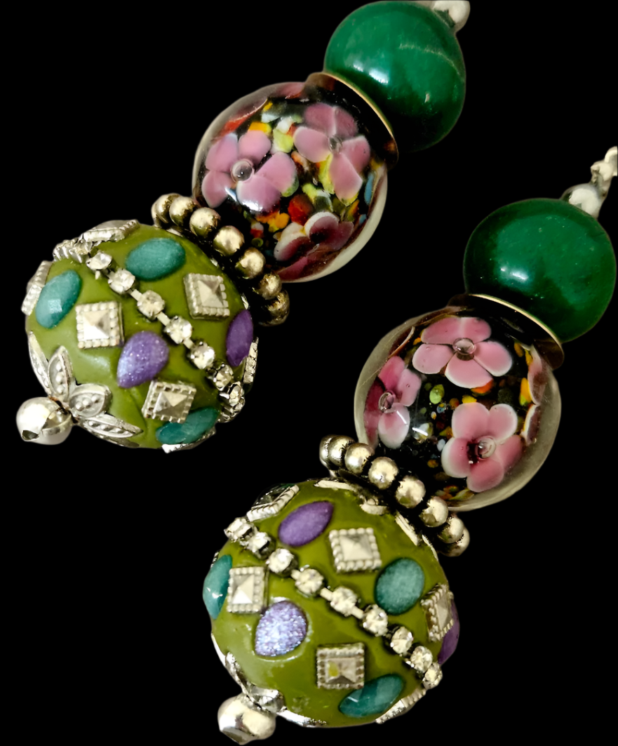 Pink Green & Silver Geometric Floral Beaded Dangle Pierced Earrings