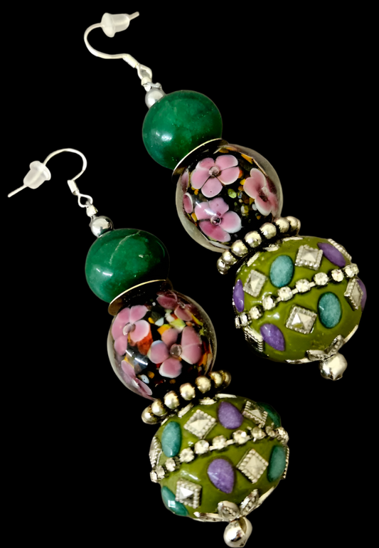 Pink Green & Silver Geometric Floral Beaded Dangle Pierced Earrings