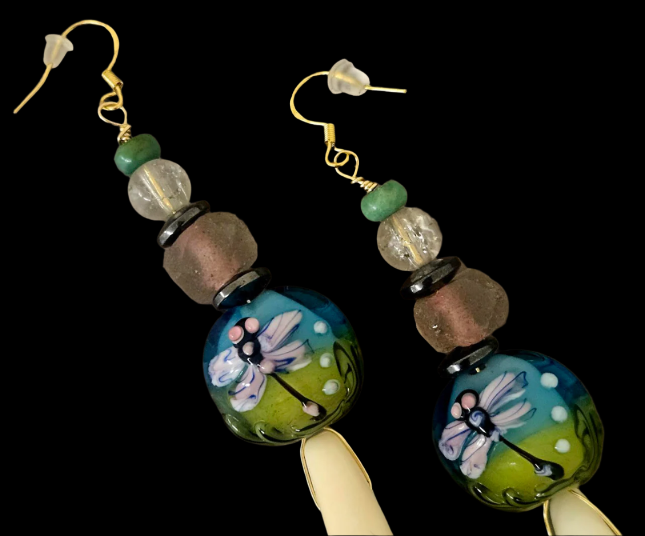 Buffalo Incisor Teeth & Dragonfly Lampwork Shoulder Duster Earrings