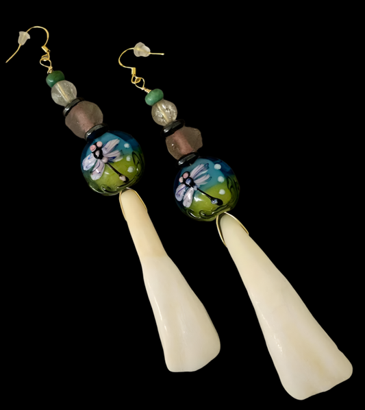 Buffalo Incisor Teeth & Dragonfly Lampwork Shoulder Duster Earrings