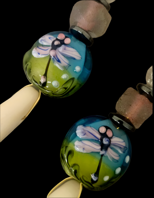 Buffalo Incisor Teeth & Dragonfly Lampwork Shoulder Duster Earrings