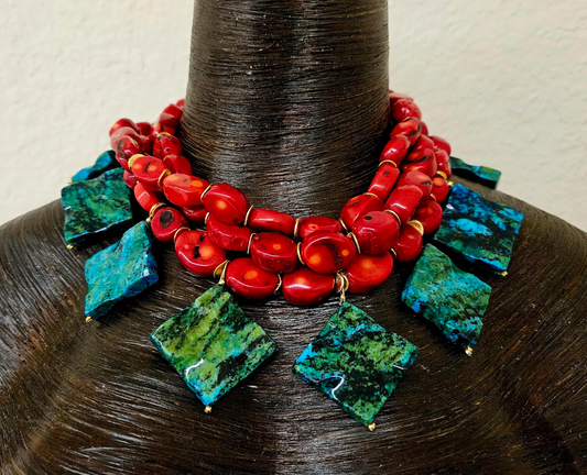 Multi Strand Red Coral Statement Necklace Azurite Dangles - Socialite