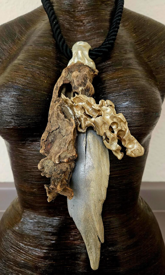 Mixed Driftwood Sculpted Artisan Unisex Pendant with Satin Rope