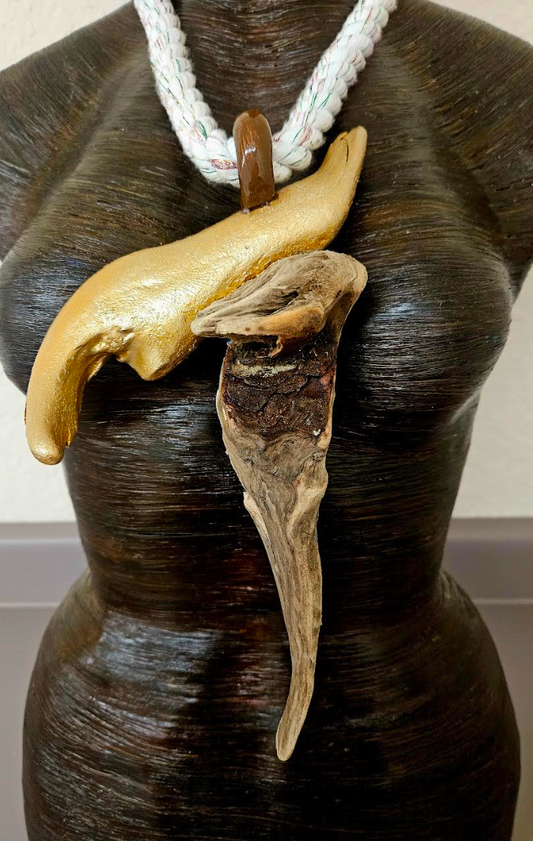 Unisex Gold Metallic & Natural Driftwood Rope Chest Piece - Avant Garde