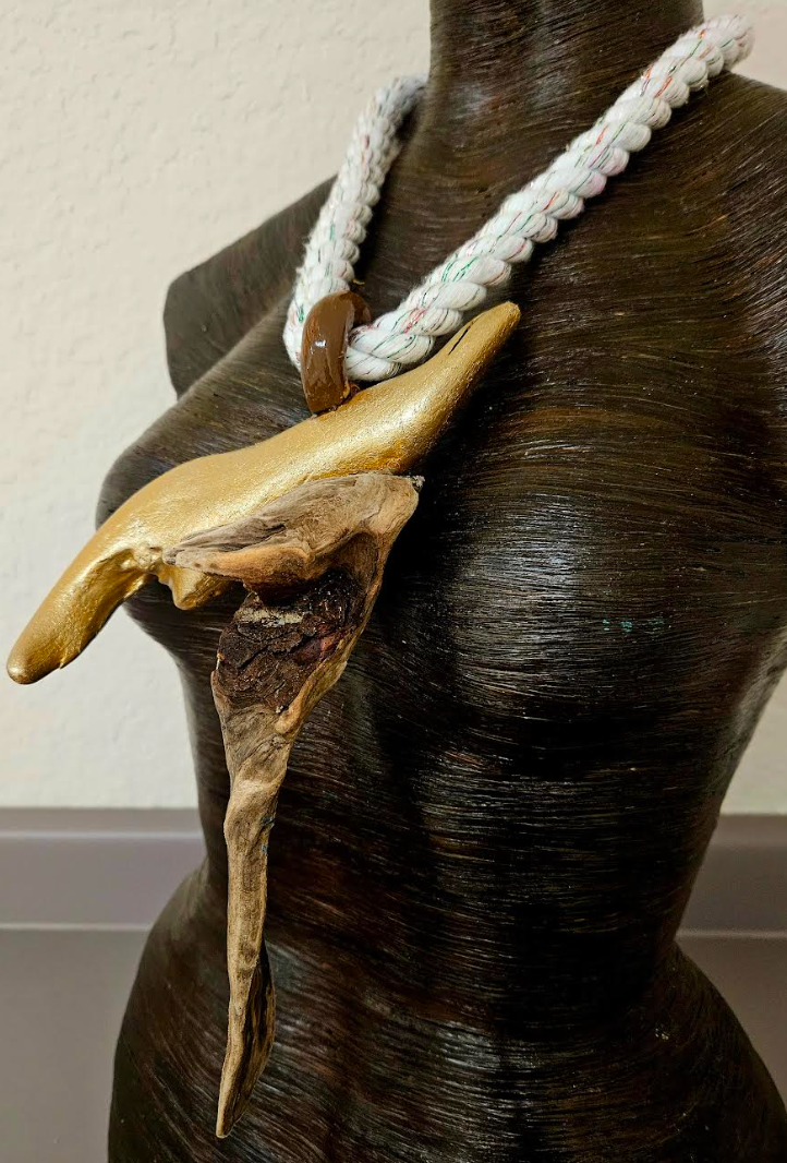 Unisex Gold Metallic & Natural Driftwood Rope Chest Piece - Avant Garde