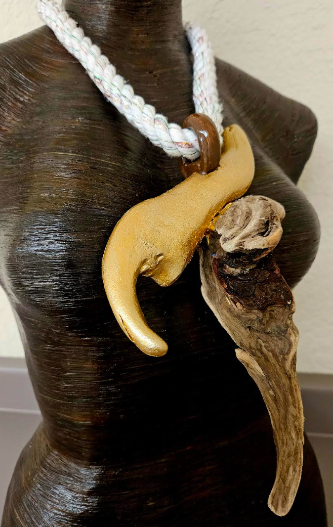 Unisex Gold Metallic & Natural Driftwood Rope Chest Piece - Avant Garde