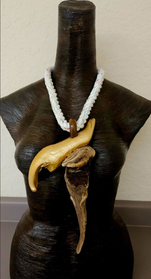 Unisex Gold Metallic & Natural Driftwood Rope Chest Piece - Avant Garde