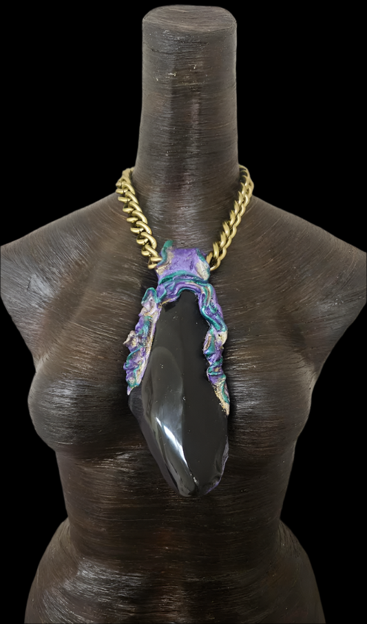 Large Obsidian Sculpted Statement Pendant On A Bold Brass Chain