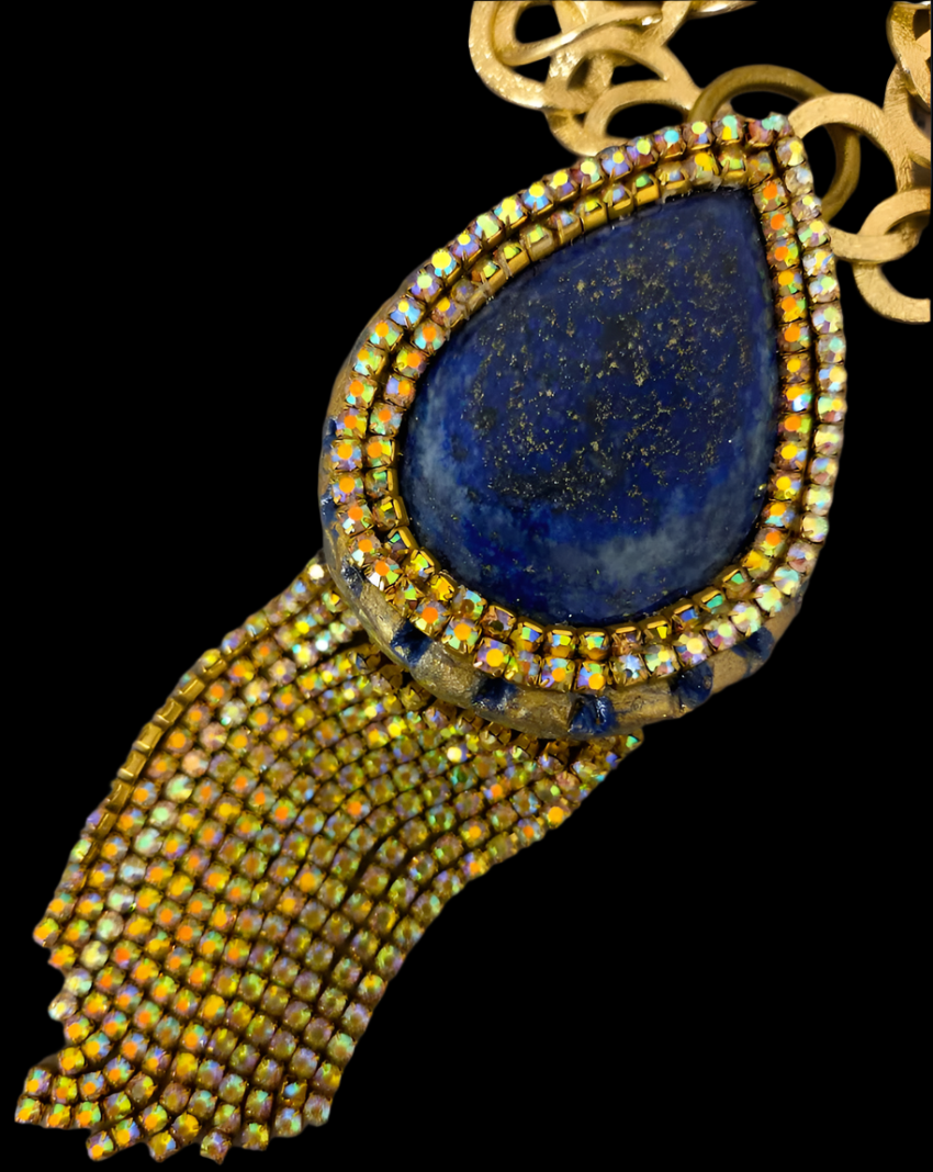 Lapis Lazuli & Citrine Rhinestone Sculpted Art Deco Pendant - Gatsby