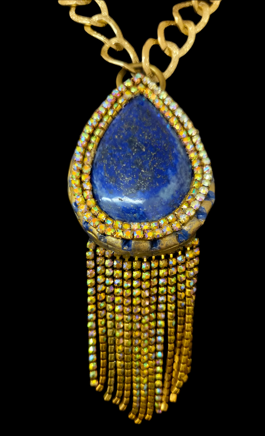 Lapis Lazuli & Citrine Rhinestone Sculpted Art Deco Pendant - Gatsby