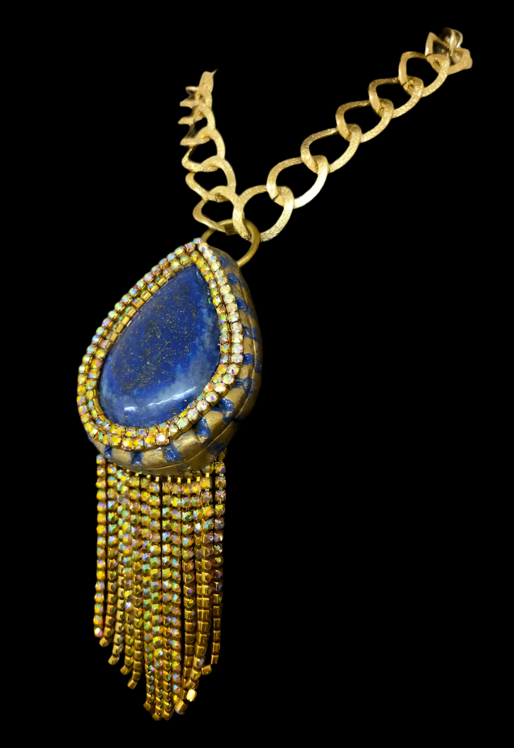 Lapis Lazuli & Citrine Rhinestone Sculpted Art Deco Pendant - Gatsby