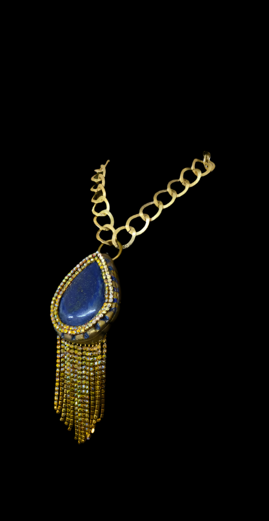 Lapis Lazuli & Citrine Rhinestone Sculpted Art Deco Pendant - Gatsby