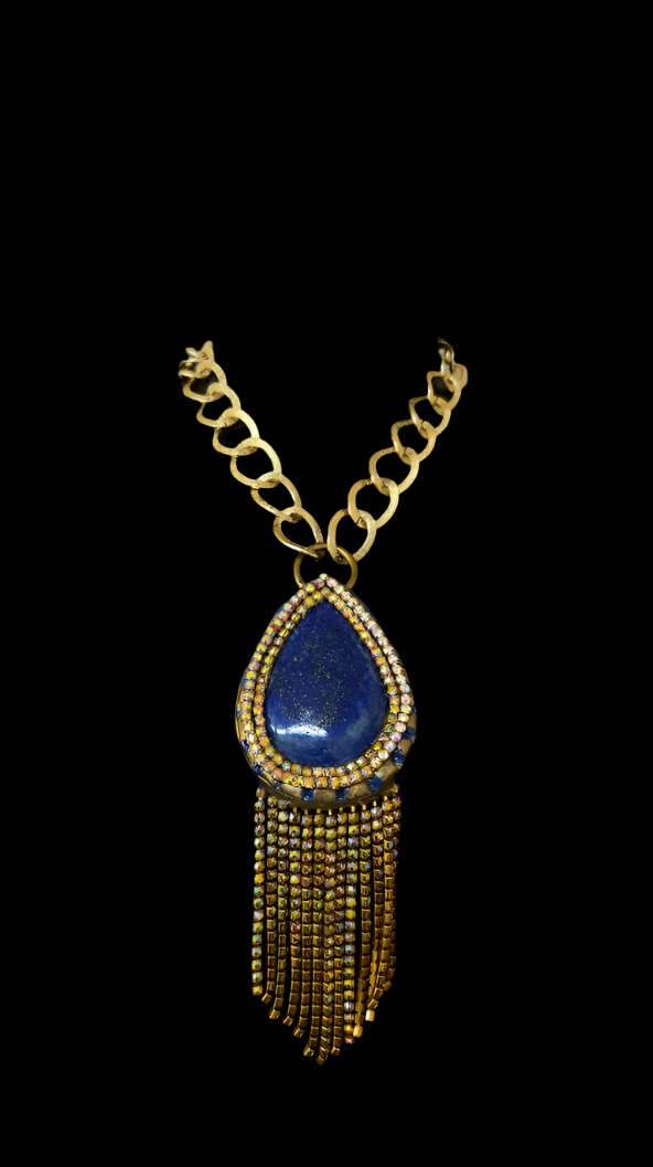 Lapis Lazuli & Citrine Rhinestone Sculpted Art Deco Pendant - Gatsby