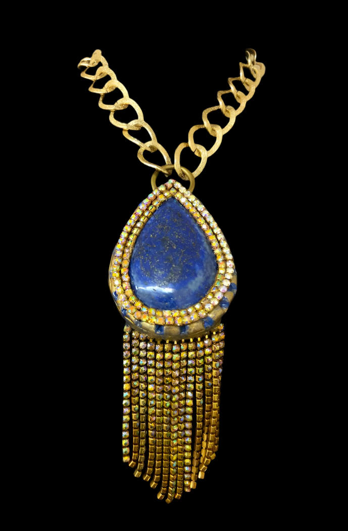 Lapis Lazuli & Citrine Rhinestone Sculpted Art Deco Pendant - Gatsby