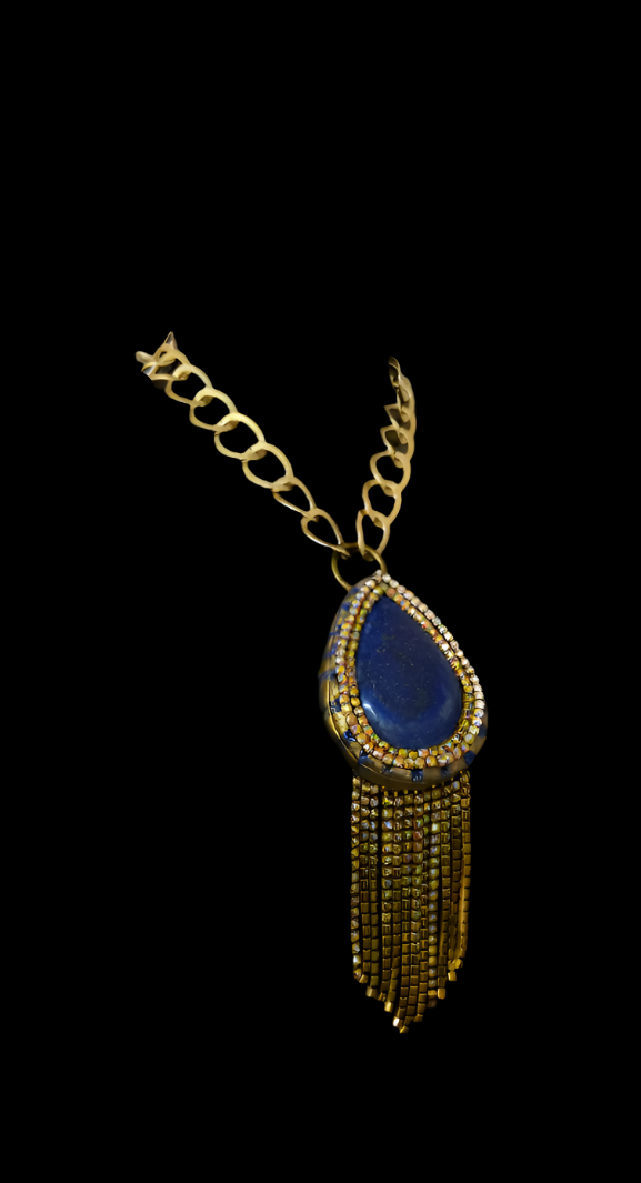 Lapis Lazuli & Citrine Rhinestone Sculpted Art Deco Pendant - Gatsby