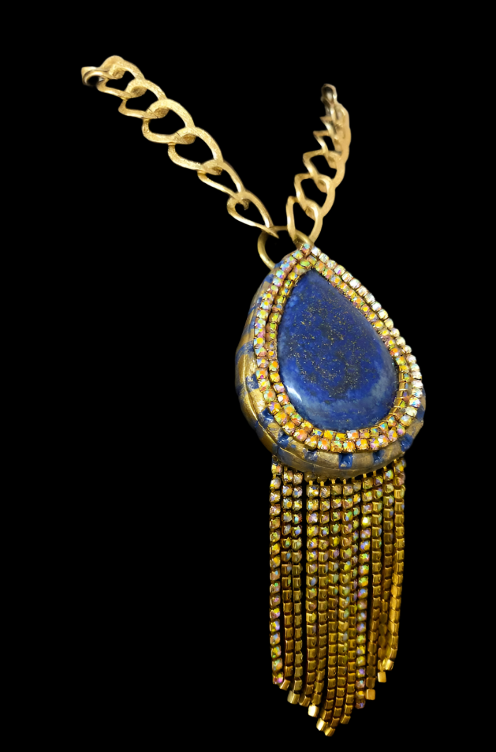 Lapis Lazuli & Citrine Rhinestone Sculpted Art Deco Pendant - Gatsby