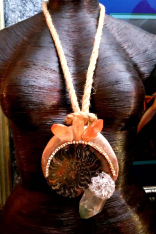 Ammonite Fossil & Quartz Point Sculpted Amulet With Hemp Rope