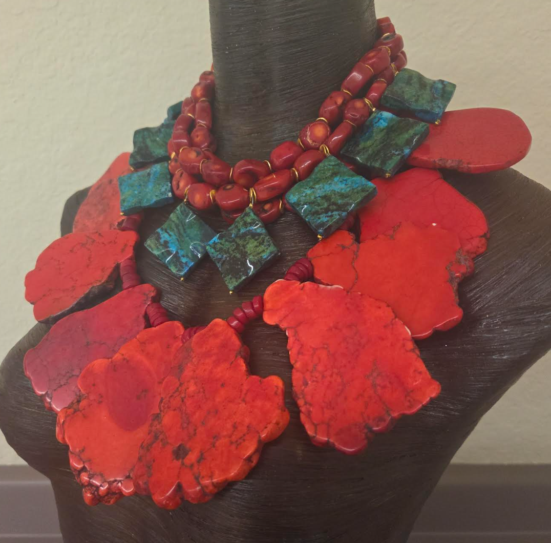 Red Coral, Azurite & Red Sea Sediment Slab Statement Necklace Set