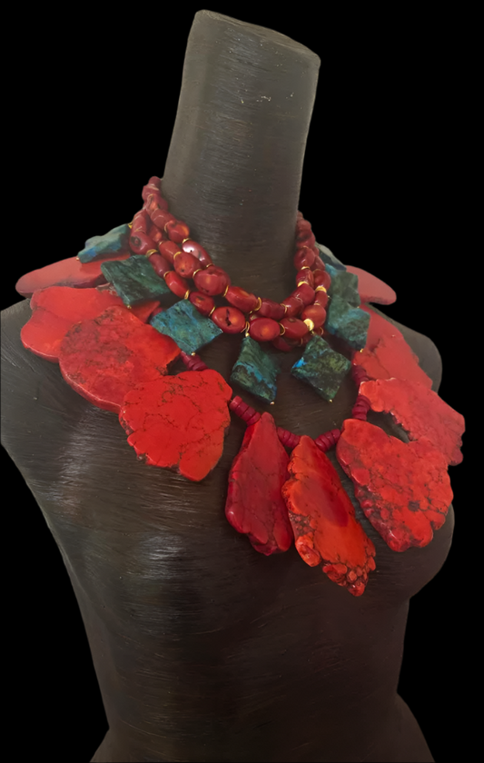 Red Coral, Azurite & Red Sea Sediment Slab Statement Necklace Set