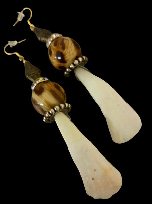 Buffalo Incisor Teeth & Leopard Shoulder Duster Pierced Earrings