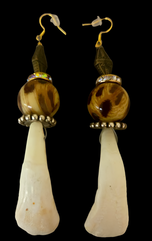 Buffalo Incisor Teeth & Leopard Shoulder Duster Pierced Earrings
