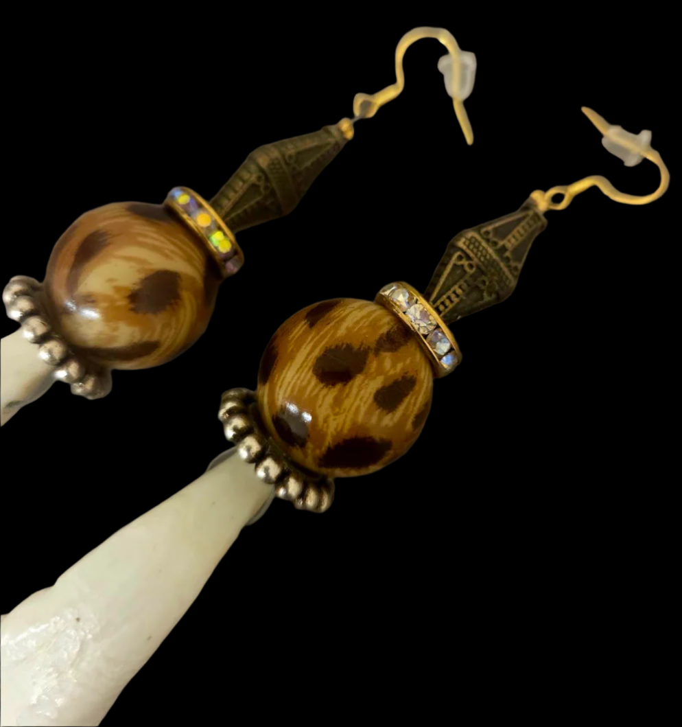 Buffalo Incisor Teeth & Leopard Shoulder Duster Pierced Earrings