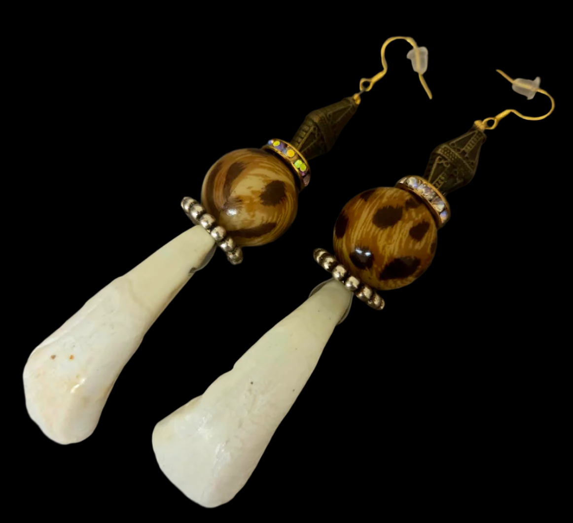 Buffalo Incisor Teeth & Leopard Shoulder Duster Pierced Earrings