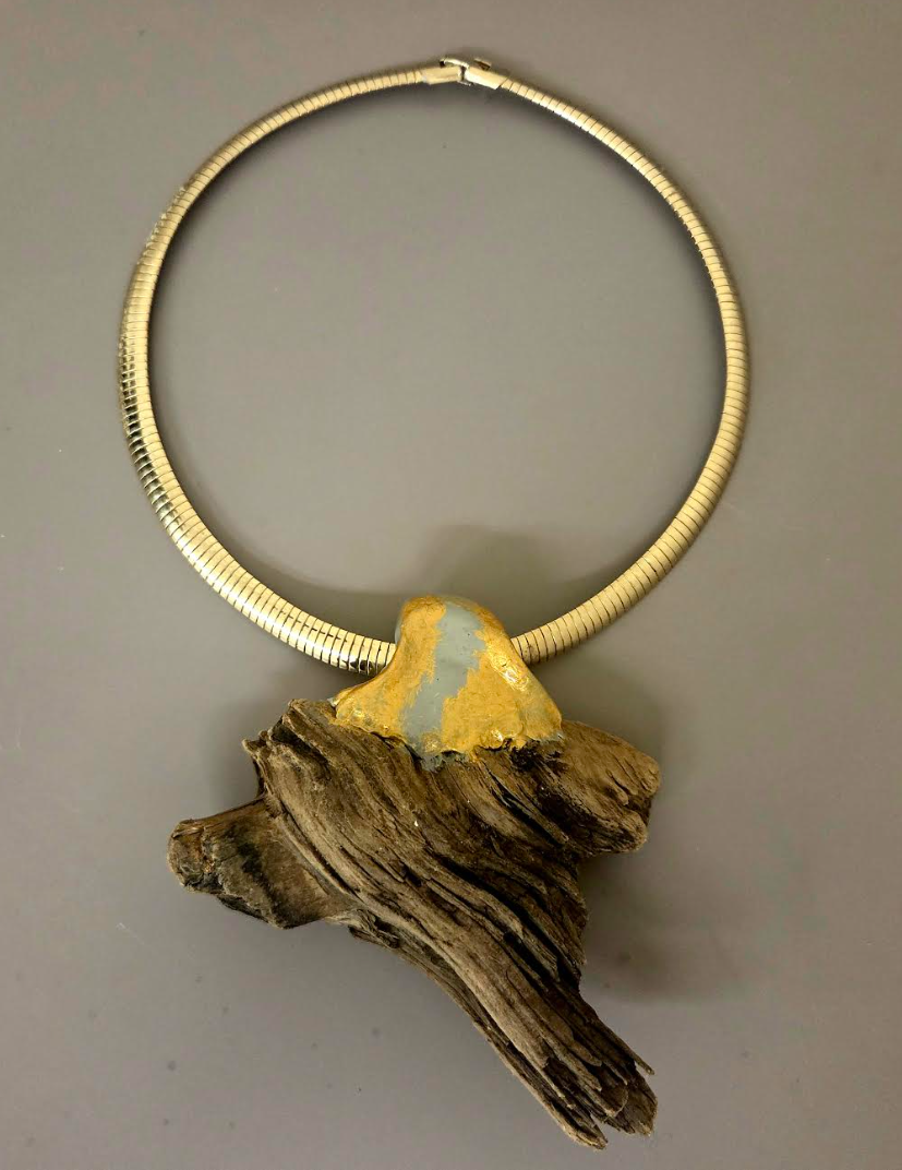 Sculpted Minimalist Driftwood Pendant On A Gold Tone Omega Chain