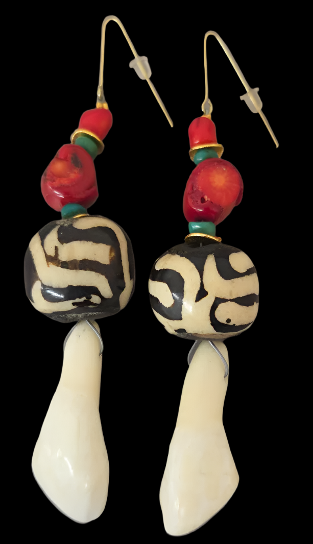 Teeth, Bone, Turquoise & Coral Wild Shoulder Duster Pierced Earrings