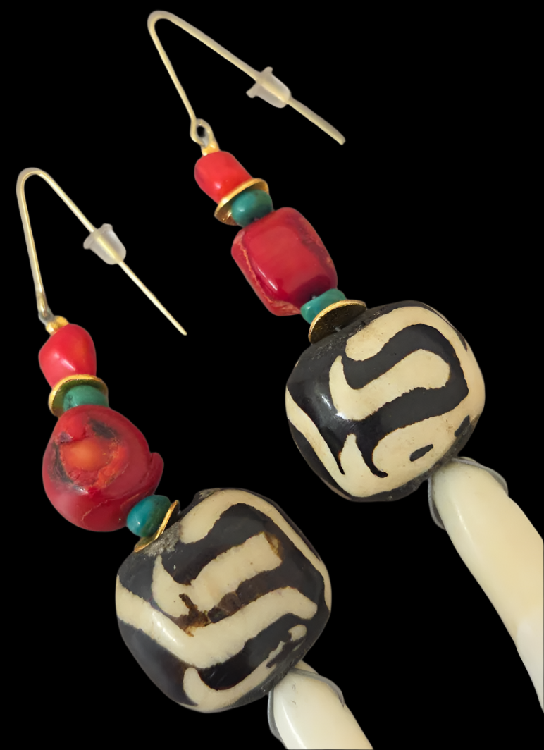 Teeth, Bone, Turquoise & Coral Wild Shoulder Duster Pierced Earrings