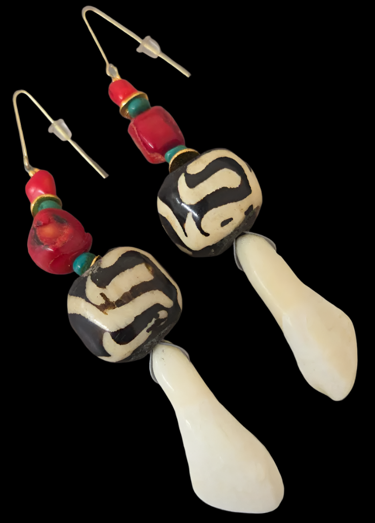 Teeth, Bone, Turquoise & Coral Wild Shoulder Duster Pierced Earrings