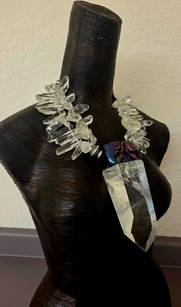 Phantom Quartz Sculpted Pendant On A Polished Branch Quartz Necklace