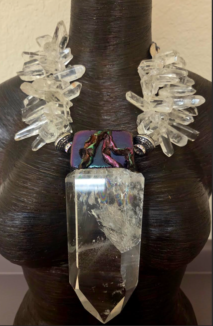 Phantom Quartz Sculpted Pendant On A Polished Branch Quartz Necklace