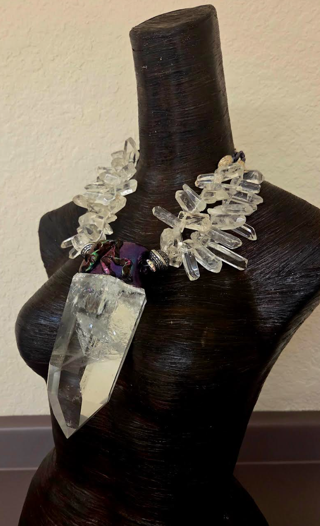 Phantom Quartz Sculpted Pendant On A Polished Branch Quartz Necklace