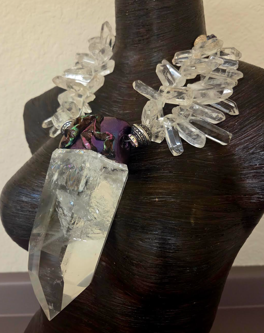 Phantom Quartz Sculpted Pendant On A Polished Branch Quartz Necklace