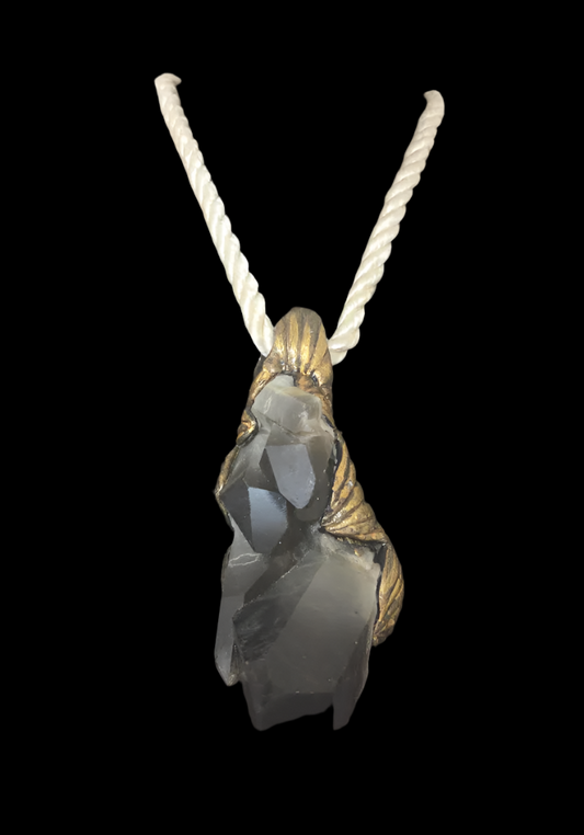 Sculpted Gemmy Smoky Quartz Pendant on an Ivory Satin Rope