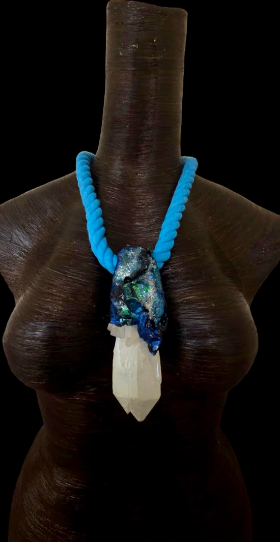 Sculpted White Record Keeper Quartz Pendant With Turquoise Rope
