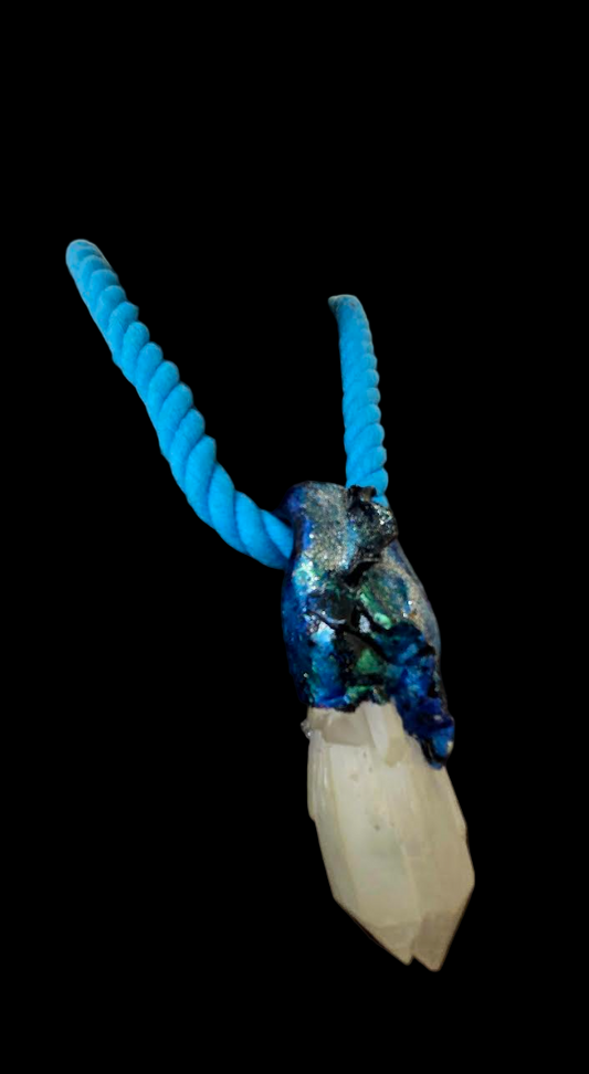 Sculpted White Record Keeper Quartz Pendant With Turquoise Rope