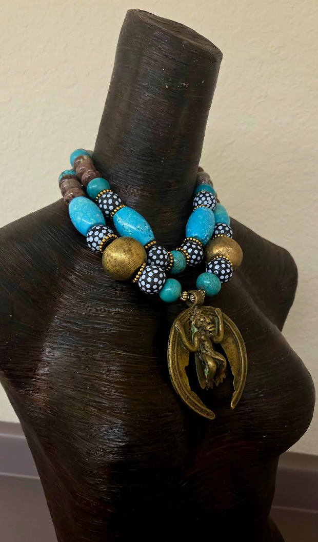 African Beaded Tribal Statement Necklace With Brass Monkey Pendant - Blue Brown & Gold Ethnic Choker