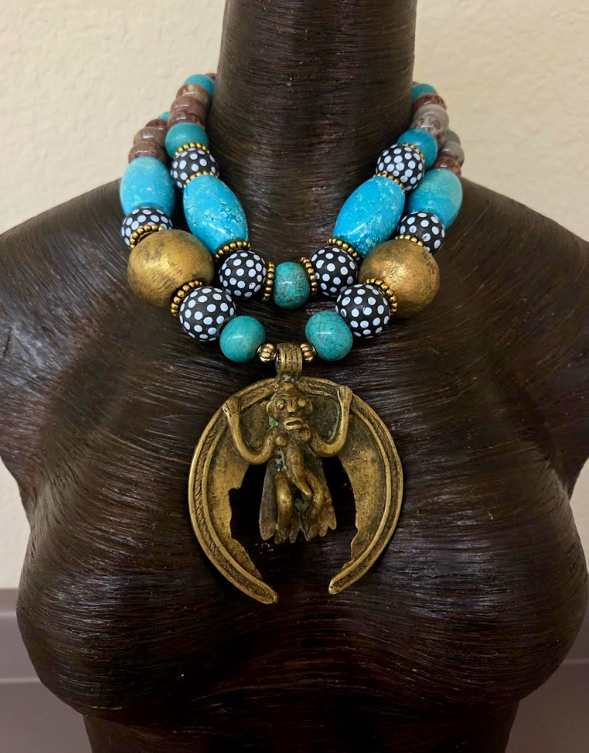 African Beaded Tribal Statement Necklace With Brass Monkey Pendant - Blue Brown & Gold Ethnic Choker