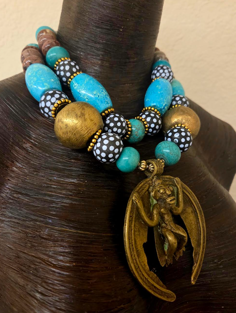 African Beaded Tribal Statement Necklace With Brass Monkey Pendant - Blue Brown & Gold Ethnic Choker